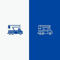 camión grúa elevación elevación línea de transporte y glifo icono sólido línea de bandera azul y glifo icono sólido bandera azul vector