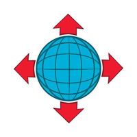Blue globe and red arrows icon, cartoon style vector