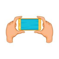 Hands holding cell phone icon, cartoon style vector