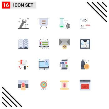 Editable Vector Line Pack of 16 Simple Flat Colors of book file atom development coding Editable Pack of Creative Vector Design Elements