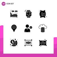 Group of 9 Modern Solid Glyphs Set for pin map heartbeat location flour sack Editable Vector Design Elements