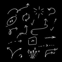 Isolated vector hand drawn arrows set white on black background