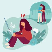 la niña recuerda las relaciones y el amor con un hombre, la separación anhelando el amor. ilustración vectorial plana. concepto de relación y atención médica para banner, diseño de sitio web o página web de destino vector