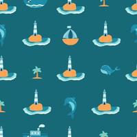 Vector lighthouses seamless pattern with waves, fish, ocean