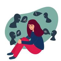 Mental Health Problem concept. Young woman surrounded by fears, negative emotions and bad thoughts holds her head. Psychological disorder or illness. Cartoon contemporary flat vector illustration.