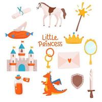 Set of fantasy unicorns and other items lock, crown dragon, key, potion sword, mirror, horse, magic wand vector