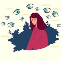 Panic of chase and Inner fears concept. Young stressed woman standing feeling invisible eyes around her feeling panic and nervous problems vector illustration