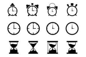 Time and clock vector. Set of black clock, alarm clock, and hourglass. vector