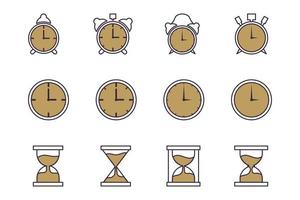 Time and clock vector. Set of clock, alarm clock, and hourglas in two tone style vector