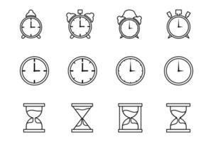 Time and clock vector. Set of clock, alarm clock, and hourglas in line art style vector