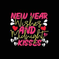 deseos de año nuevo y diseño de camisetas vectoriales de besos de medianoche. diseño de camisetas de feliz año nuevo. se puede utilizar para imprimir tazas, diseños de pegatinas, tarjetas de felicitación, afiches, bolsos y camisetas. vector