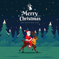 Santa Claus Riding Reindeer walking in Forest vector Illustration