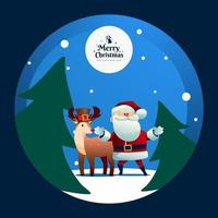 SANTA CLAUS AND REINDEER WITH MERRY CHRISTMAS TYPOGRAPHY in the snow vector