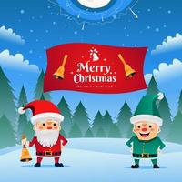 Merry Christmas with Little Santa Claus under the Moon Light and snow vector