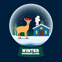 Snow Globe with Cute Deer with Home Background in The Snow vector