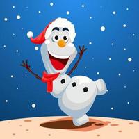 muñeco de nieve personaje divertido mascota baile en lluvia de nieve vector