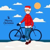 feliz evento de navidad el hombre usa la costumbre como una moda de santa con bicicleta vector