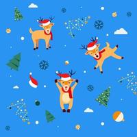 Merry Christams Happy Deer Santa Hat With Blue Background PIne Tree vector