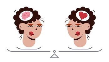 Brain heart balance. Two pretty heads opposite each other. vector