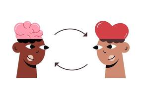 Brain heart balance. Two pretty heads opposite each other. vector