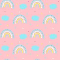 Seamless pattern with cute magic rainbow, clouds and stars on pink background. Design for textiles, texture, fabrics, wallpaper, packaging, wrapping paper. vector