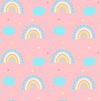 Seamless pattern with cute magic rainbow, clouds and stars on pink background. Design for textiles, texture, fabrics, wallpaper, packaging, wrapping paper. vector