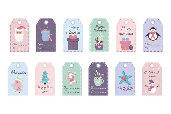Christmas gift tags bundle with different quotes and winter characters. Labels with Santa Claus, Christmas tree, mugs, rabbit, owl, penguin, snowman, holly, gifts and other.