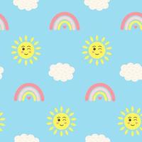 Seamless pattern with kawaii sun, rainbow and cloud on blue background. Design for textiles, texture, fabrics, wallpaper, packaging paper. vector