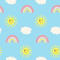 Seamless pattern with kawaii sun, rainbow and cloud on blue background. Design for textiles, texture, fabrics, wallpaper, packaging paper. vector