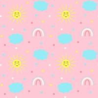 Seamless pattern with stars, kawaii sun, clouds and magic rainbow on pink background. Design for textiles, texture, fabrics, wallpaper and packaging paper. vector