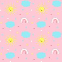 Seamless pattern with stars, kawaii sun, clouds and magic rainbow on pink background. Design for textiles, texture, fabrics, wallpaper and packaging paper. vector