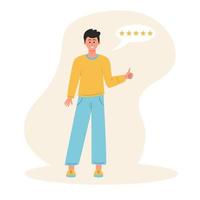 Man showing thumb up, leaves a positive five star feedback. Maximum approval, positive like, agreement, class, cool, well done, good feedback, success concept. vector