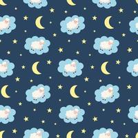 Seamless pattern with cute lambs in clouds, stars and moon on dark blue background. Design for textiles, texture, fabrics, wallpaper, packaging, wrapping paper. vector