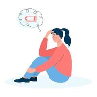 Tired woman sitting with a low battery in her thoughts. Emotional burnout, mental disorder, mental health issues, exhausted, stress, crisis, burnout syndrome, problems at work concept. vector