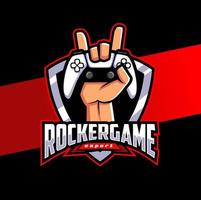 rocker pro player esport logo character design, with hand holding stick game controller vector
