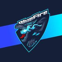 diseño de personaje de mascota de dragón para juegos de logotipo de esport y deporte con fuego azul vector