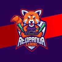 diseño de logotipo de esport de personaje de mascota lindo panda rojo con palo de juego para logotipo de juego vector