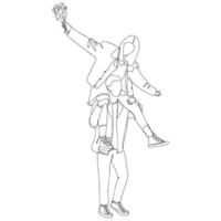 A continuous drawing in one line of a happy funny young couple. A romantic couple of teenagers on a walk. vector