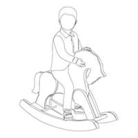 Funny little boy on a wooden rocking horse. Continuous drawing with one line. Vector illustration isolated on a white background