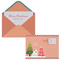 An envelope with a postcard and the inscription Merry Christmas and New Year . An envelope with a cute Christmas bunny. The symbol of the New Year 2023. Vector illustration.