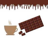 una taza de café y una barra de chocolate sobre un fondo blanco. ilustración vectorial en un estilo plano.