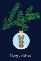 hermosa tarjeta de navidad. un juguete de árbol de navidad con un conejo, el símbolo de 2023, cuelga de una rama vector