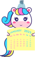 calendário 2023 mês janeiro. segura um unicórnio em um chapéu de inverno. png