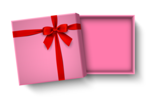 Opened pink gift box with red bow png