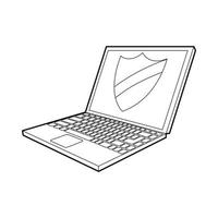 Laptop with protection shield icon, outline style vector