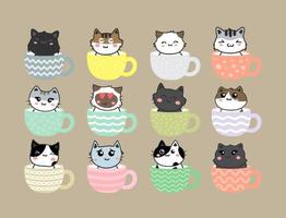 lindo gato en juego de caracteres de dibujos animados de taza de té vector