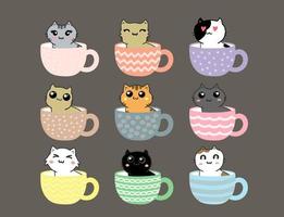 lindo gato en juego de caracteres de dibujos animados de taza de té vector