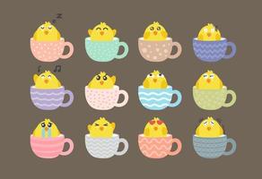 cartoon chick on teacup set vector