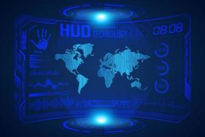 Blue  Modern HUD Technology Screen Background with world map vector