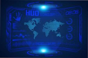 Blue  Modern HUD Technology Screen Background with world map vector